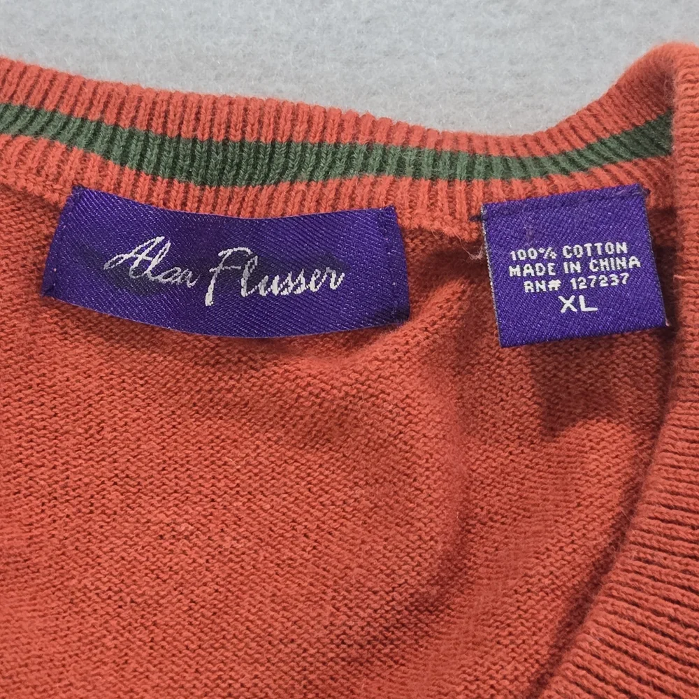 Alan Flusser Sweater Vest Mens XL Orange V-Neck 100% Cotton Knit Sleeveless‎